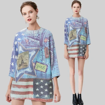 

Autumn Spring Knitted Pullover Tops Imitation Denim Print Half Turtleneck Three Quarter Sleeve Women Sweater Casual Outerwear