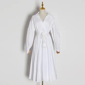 

Women Dress New Solid Color Dress Women's V-neck Lantern Long-sleeved High Waist Strap Temperament Slim Pleated Long Dress Women