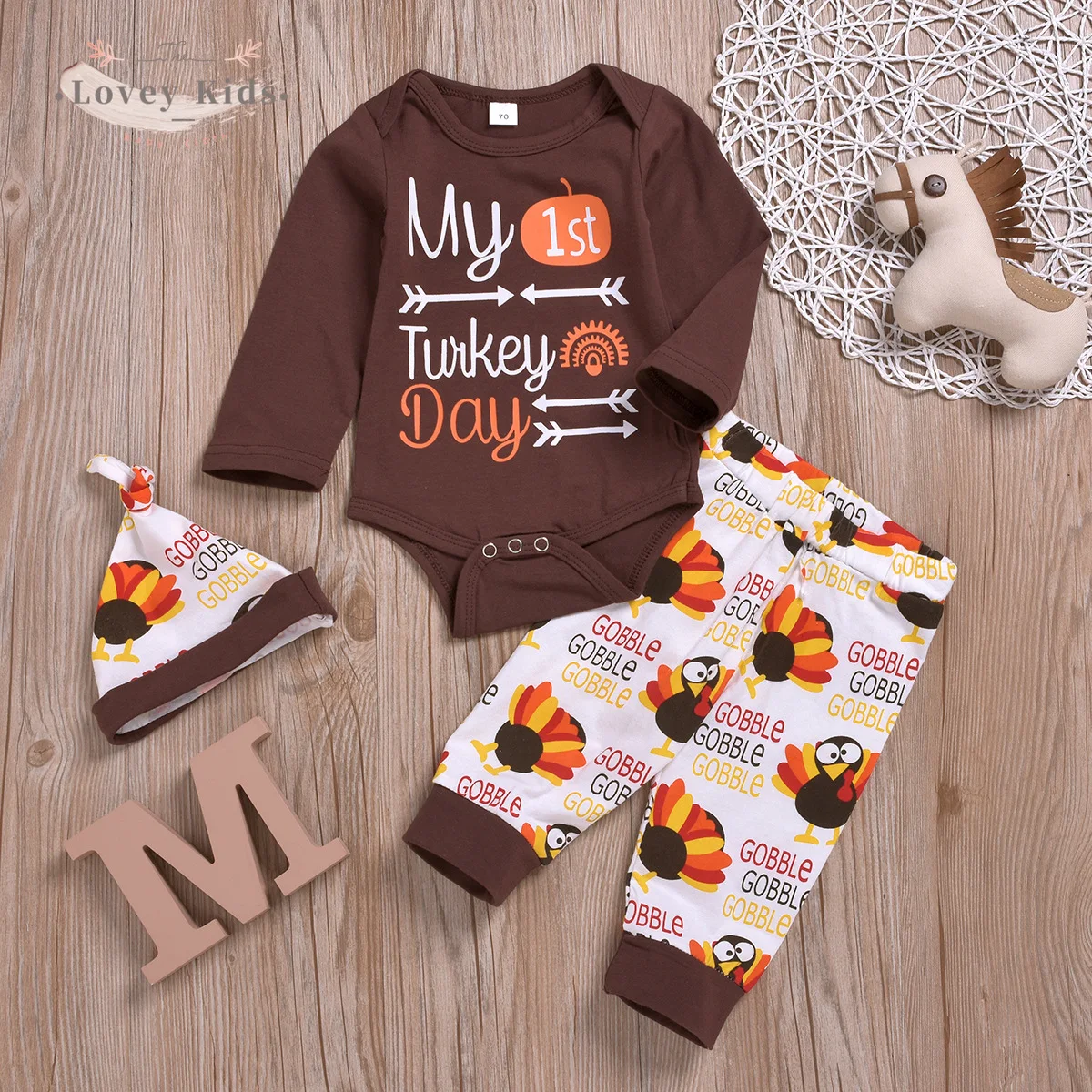 

2020 Thanksgiving Autumn Baby Boy Girl Outfit 3PCS Set Newborn 1ST Turkey Day Bodysuit Long Sleeve Pants Hats 0-24M Cute