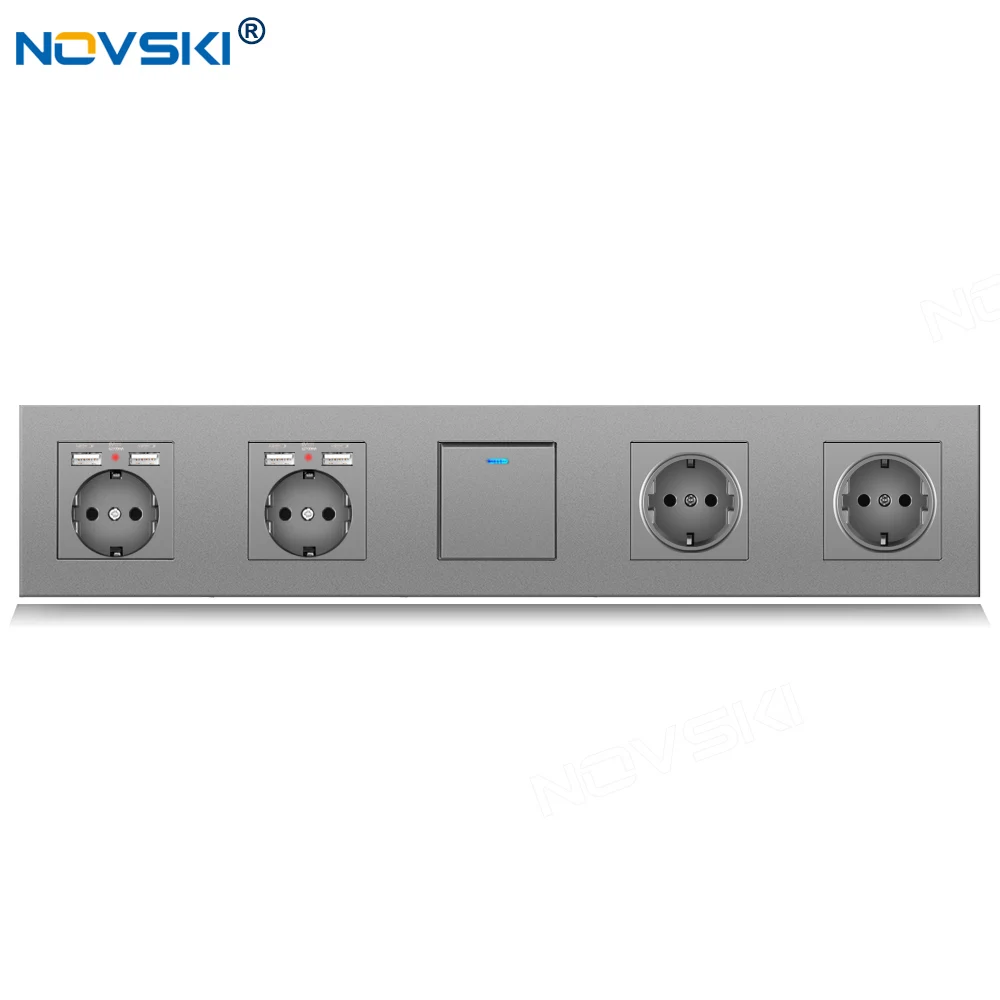 

430 EU Standard DIY Quintuple Frame Switch Socket, Schuko Plug Type, 2.1A Dual USB Charging Outlet, German Bayer Base, Grey