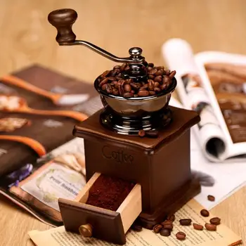 

Classical Wooden Mini Manual Coffee Grinder Stainless Steel Retro Coffee Spice Mini Burr Mill Wheel Machine Kitchen Tool Grinder