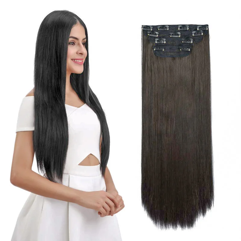 Extensões de Cabelo Longo em Linha Sintética para Mulher Clip-in Reta Natural Fake Hairpieces Preto Marrom Alta Temperatura 26 30 1 1pc 5