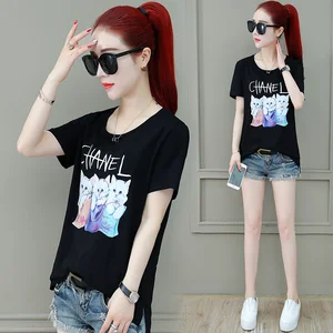 Short-sleeved Women's Short-style Summer  2020 New Loose  Loop Clothes Korean Edition T-shirt Bottom Pure Cotton T-shirt
