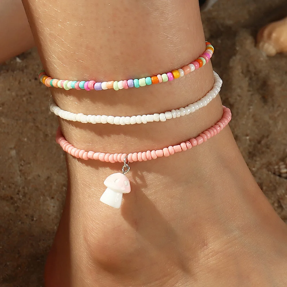 Bohemian Colorful Bead Anklet Sets For Women Summer Beach Handmade Elastic Strech Barefoot Ankle Bracelet On The Leg Gift