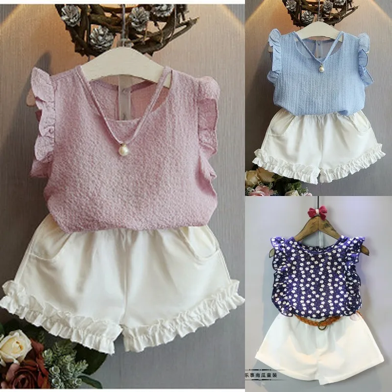 

Girls' Children's Clothing Set 2019 Spring Wear Sleeves Chiffon Vest Lace Shorts Fresh Two-piece Set Baby