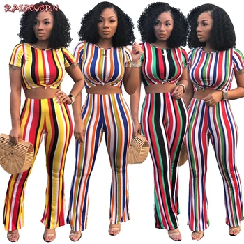 

Spring Summer Women Two Piece Set Top And Pants Plus Size Outfits Tracksuit Sweatsuit Striped Short Tops Long Pants Active 2019