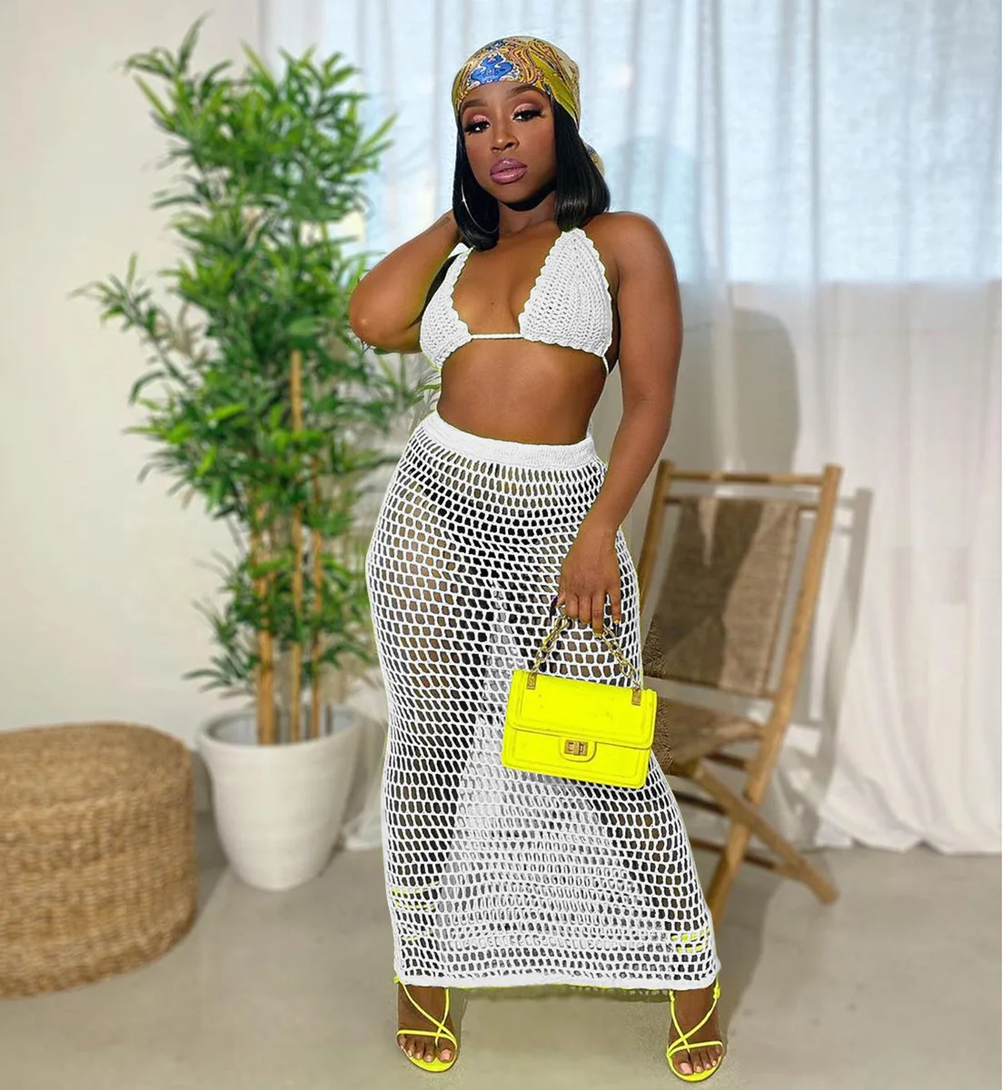 

2021 summer crochet Cover up Beach Dress sexy women Hollow out 2PCS/SET Bra Top+maxi skirts bikini swimwear cover-ups beachwear