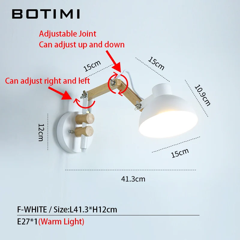F-1 Light-White BOTIMI скандинавский светодиодный настенный светильник деревянный настенный светильник регулируемый светильник металлический прикроватный абажур светильник белый светильник для чтения - Цвет абажура: F-1 Light-White