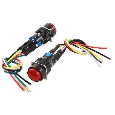 

2 Pcs DC 12V 16mm Thread SPDT Locking 5 Wires Push Button Switch w Red Light
