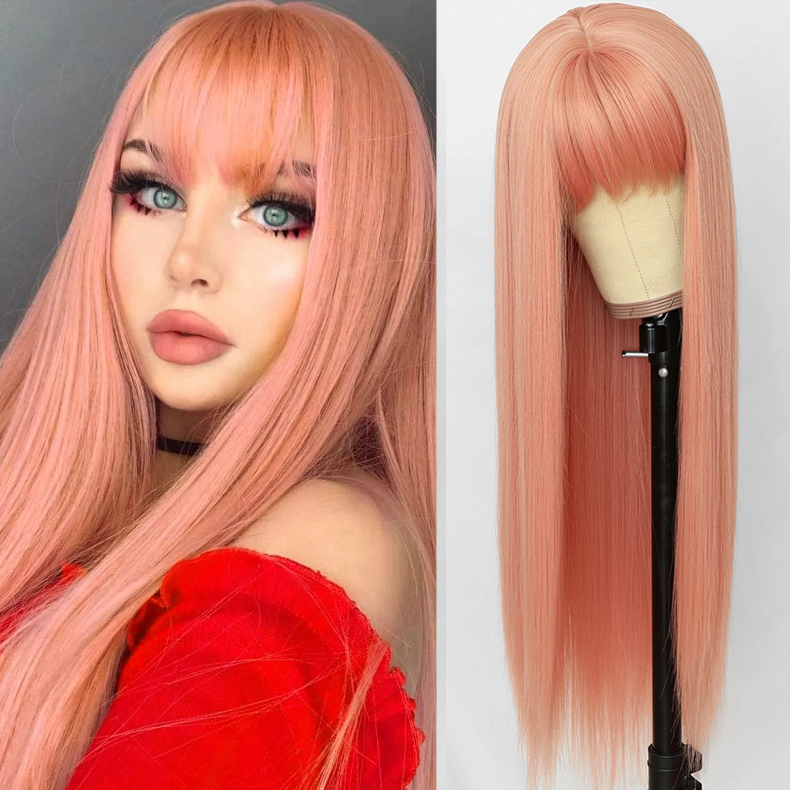 

Oxeely Pink Color Long Straight Synthetic Hair Wigs with Bangs Heat Resistant Synthetic None Lace Wigs for Fashion Women