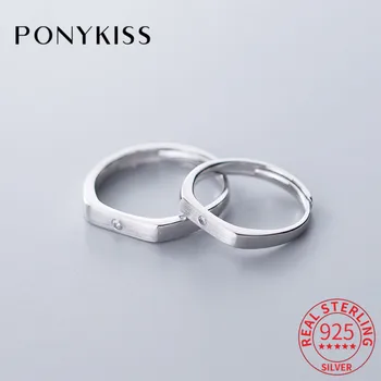 

PONYKISS Romantic S925 Sterling Silver a pair Brushed Zircon adjustable Ring for Couple Anniversary Fine Jewelry Accessories