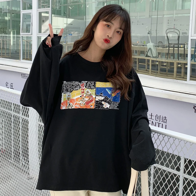 

Women's Streetwear Harajuku T-shirts Korean Oversized O Neck Long Sleeve Letter Print Loose Tees Student Chic BF Wind Tshirt Top