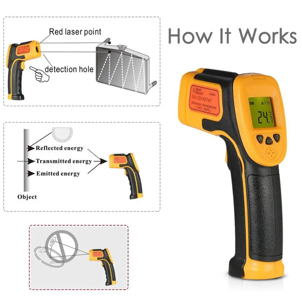 SMART SENSOR AS530 Industrial Infrared Thermometer Digital -32~550 Degree Non-Contact Pyrometer Smart Sensor IR Thermometer