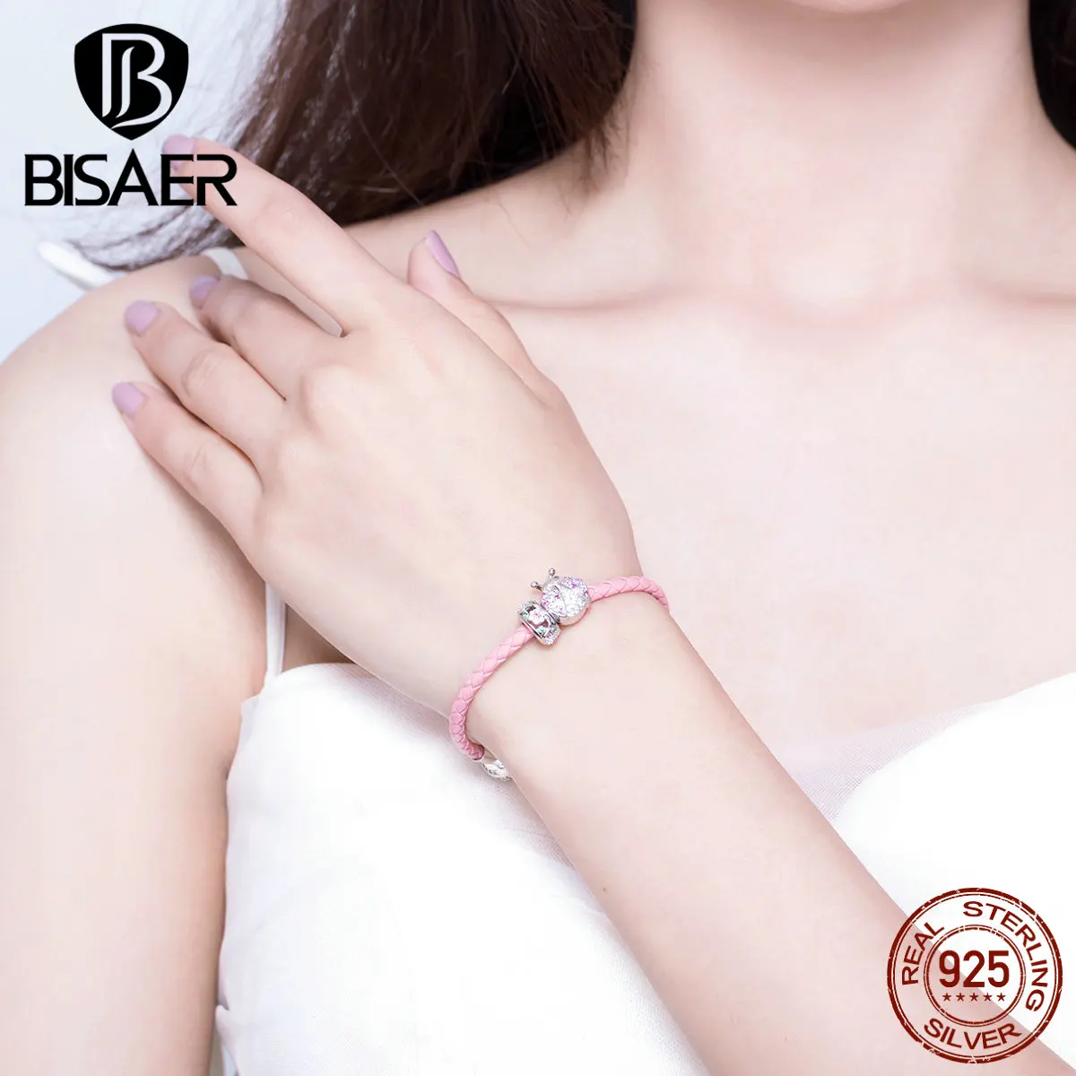 BISAER, браслет, настоящее 925 пробы, серебряный, Круглый, божья коровка, амулеты, красная веревка, милый серебряный браслет, ювелирное изделие для женщин, HSB823