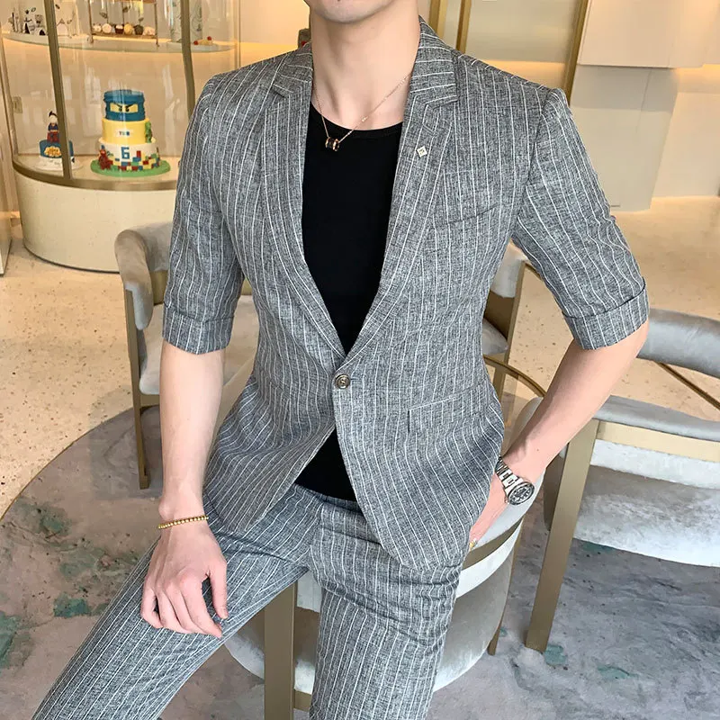 

Summer New Style MEN'S Suit Set Thin Business Suit Men's Korean-style Slim Fit Best Man Half-sleeve Shirt Small Suit Set