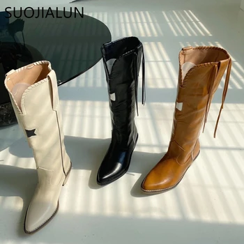 

SUOJIALUN 2020 Winter Women Boots High Quality Fashion Pointed Toe Cowboy Boots Low Heel Slip On Knee-high Western Boots Shoes