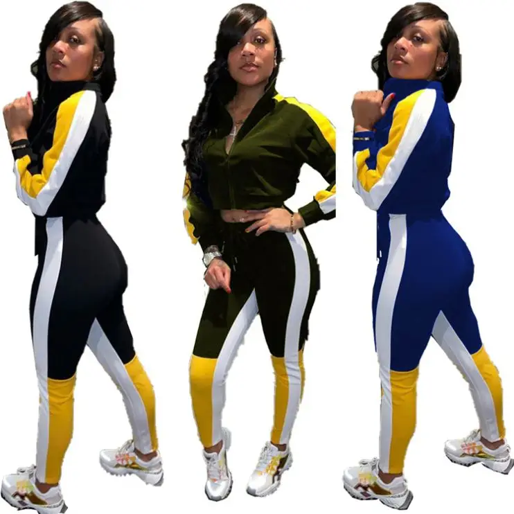 

Wholesale long sleeve stand collar Contrast color splice sportswear Women 2 Piece Set Clothing