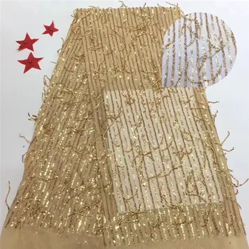 

African Net Sequins Laces 5yard Latest Nigerian Laces 2019 Golden Sequin Fabric For Sewing Dress Tulle Lace Fabric