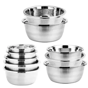 

Kitchen Thickened Stainless Steel Rice Sieve Large Reverse Side Washing Dishes Rice Bowl Multi-purpose Draining Seasoning Set