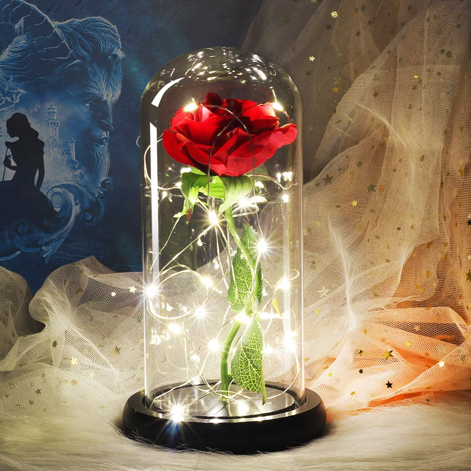 Совершенно новые красавицы и звери Позолоченные синие розы с светодиодный подсветкой в стеклянном куполе подходит для свадебной вечеринки подарок на день Святого Валентина