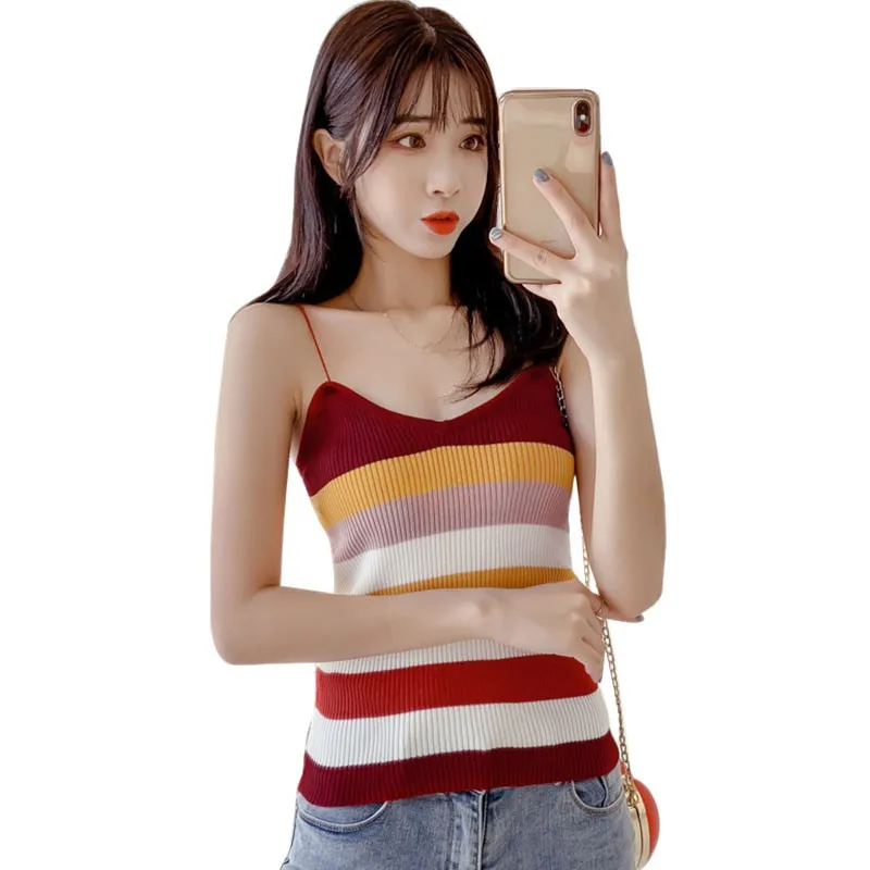 Wine Red Летние женские радужные полосы вязаный жилет Cami Boho леди одежда стрейч Тонкий Жилеты плотной посадки Спагетти ремень Cami Топы - Цвет: Wine Red