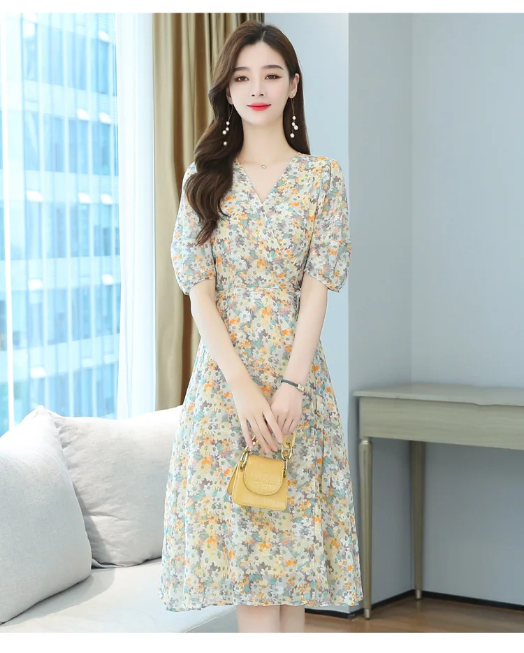 Fashion New Summer V Neck Long Dress French Retro Short Sleeve Small Floral Dress Female 21 Sexy Dress Dresses Aliexpress