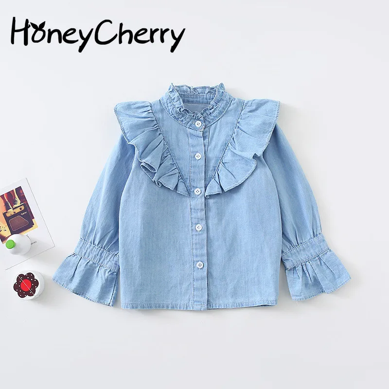 

2019 new Girls Shirts sweet girls' cotton denim shirt vintage lace blouse Fashion Kids Long Sleeve Clothes