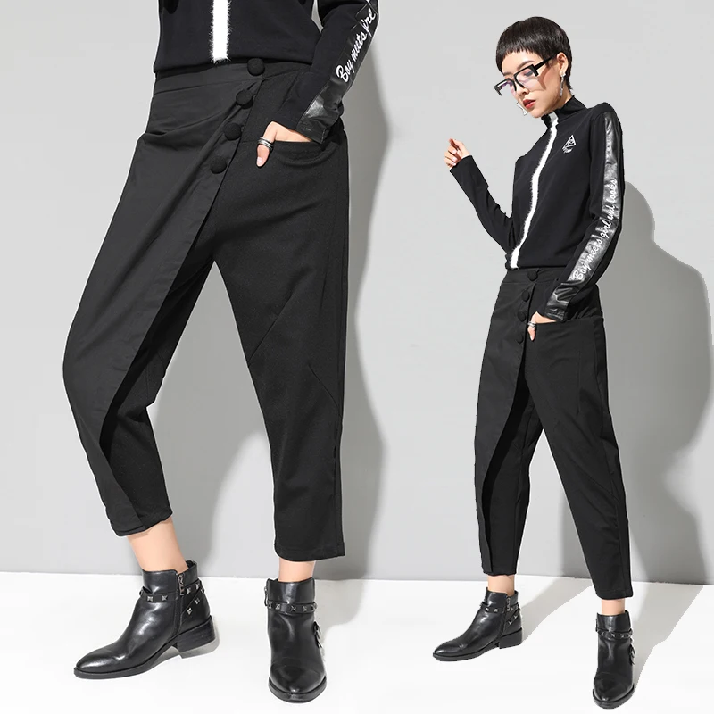 Hose Frauen Elastische Hüftknopfleiste Hosenschlitz Casual Modis Front Patchwork Weibliche Hose Casual Pants Women Clothing cb5feb1b7314637725a2e7: black LJT3926
