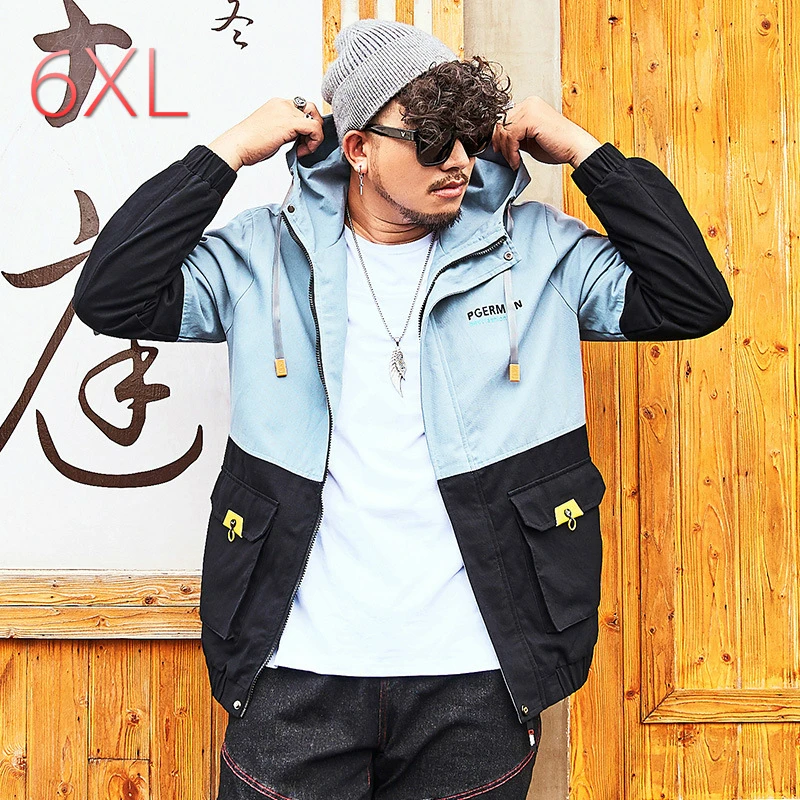 

Spring and Autumn Blue-Black Color Patchwork Oversized Coat Large Size Men's Trend Jacket Casual Hooded Thin Streetwear Jackets