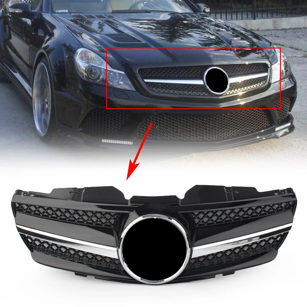 

Car Front Grille Grill w/ Emblem Logo ABS Exterior Moulding Honeycomb Racing Grill Gloss Black For Mercedes Benz MB SL R230