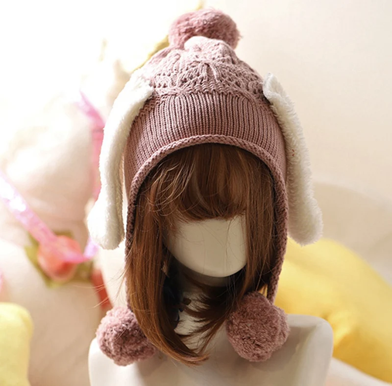 Rabbit Ear Pink Милая зимняя вязаная шапочка в стиле Лолиты для девочек, Рождественская шапка с рогами и шарами - Цвет: Rabbit Ear Pink