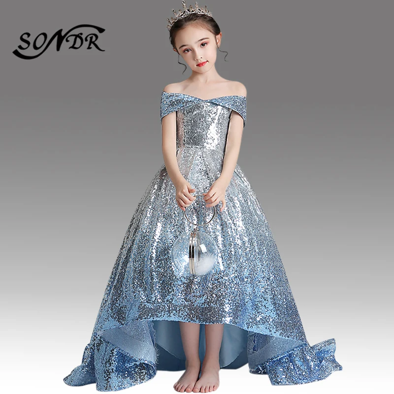 

Off The Shoulder Pageant Dresses HT169 Boat Neck Short Sleeve Formal Communion Dress Sparkling Sequined Flower Girls Vestido