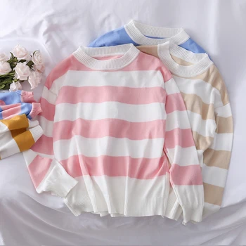 

Ladies Knitting Sweater Preppy Style Women Spring Soft Striped Casual Sweater Long Sleeves Knitted Patchwork Sweet Sweater
