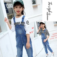 Модные комбинезоны для маленьких девочек на весну и осень повседневные джинсовые штаны детские брюки на подтяжках в Корейском стиле для девочек Vestidos, для детей от 5 до 14 лет