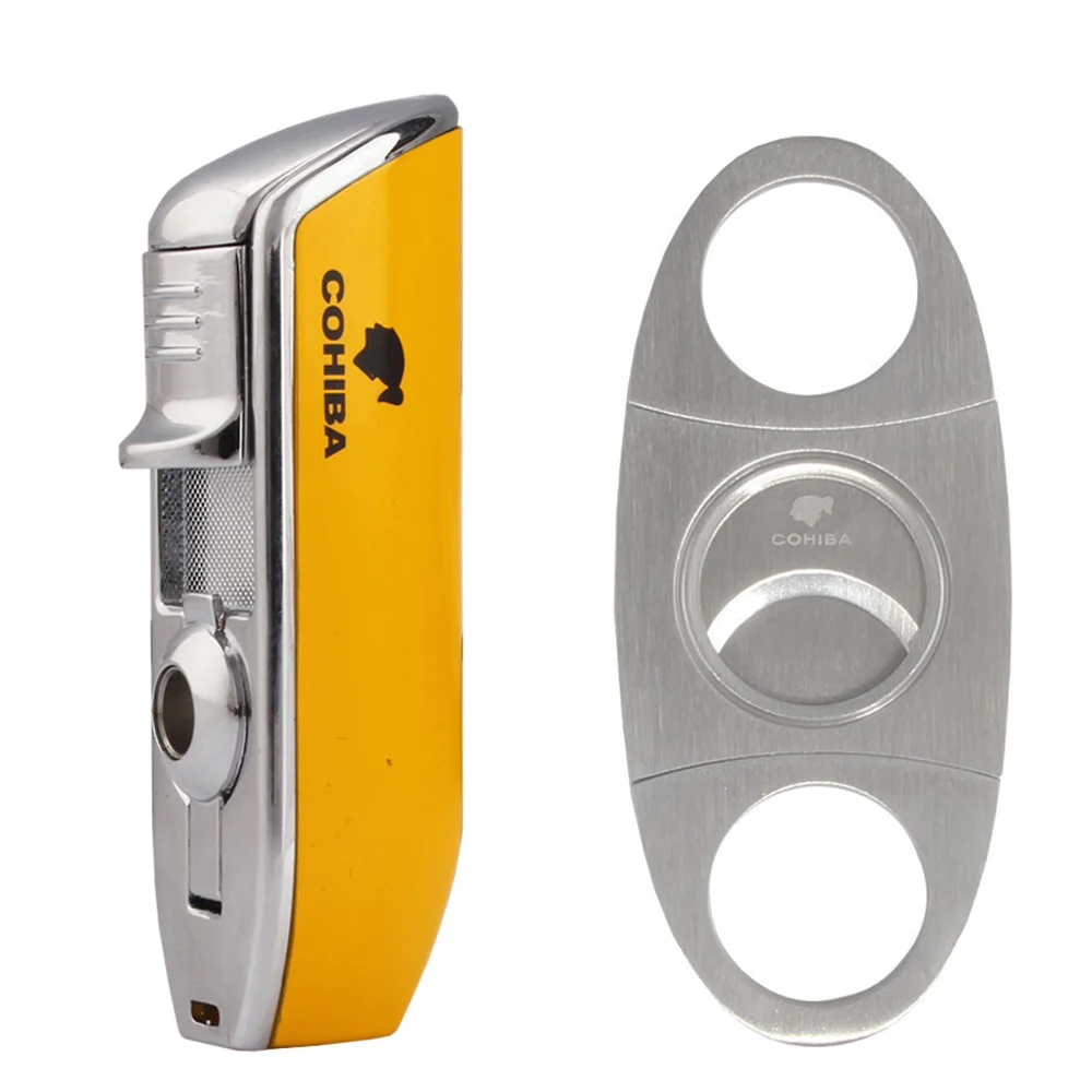 COHIBA Cutter зажигалка сигарный набор карманная металлическая газовая зажигалка W/Дырокол сигары резак Gillotina 3 фонарь Puro Encendedor подарочная коробка - Color: simple cutter
