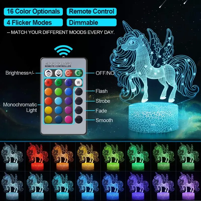 Nighdn 3D LED Unicorn Night Lamp Light for Kids Gifts Unicorn Lamp 16 Colors Change with Remote Valentine's Day Present Birthday wall night light