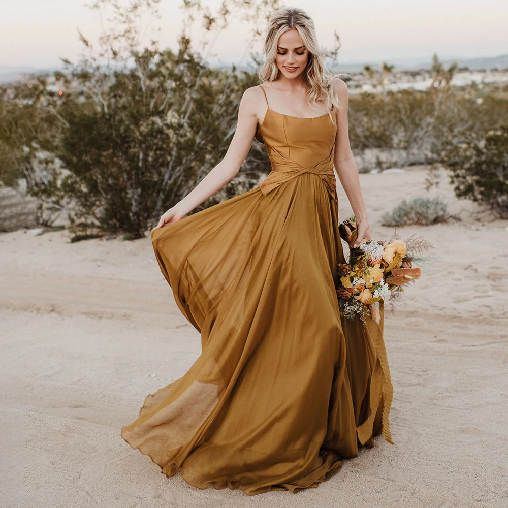

Spaghetti Straps Pleated Chiffon Evening Dress Custom Made Simple A Line Backless Rustic Elopement Wedding Photography Gowns