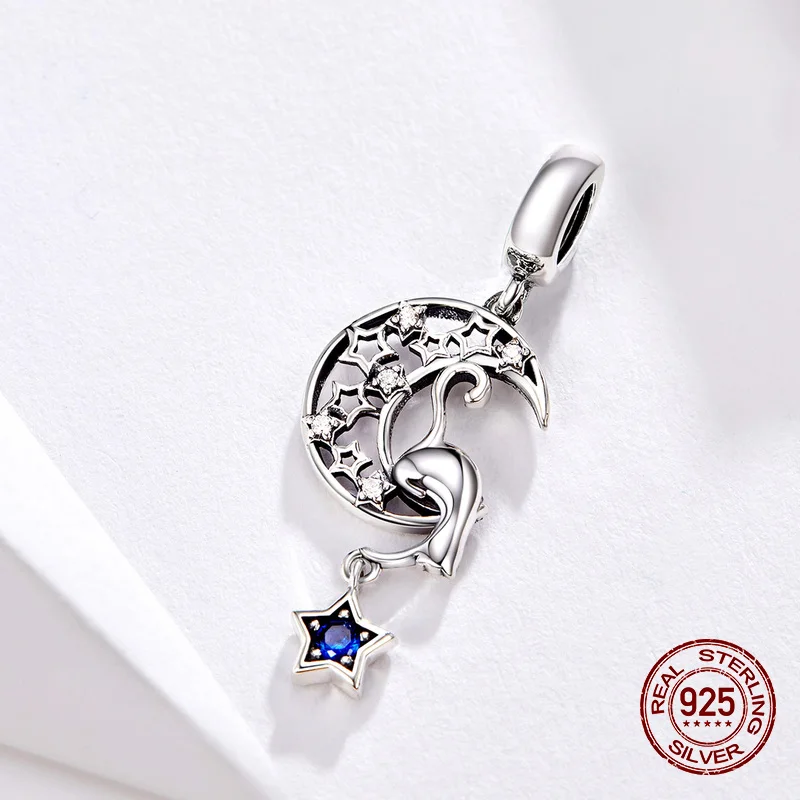 Womak fit Pandora Шарм Браслет Луна подвеска с изображением кошки серебряные бусины 925 пробы ювелирные изделия DIY женщина
