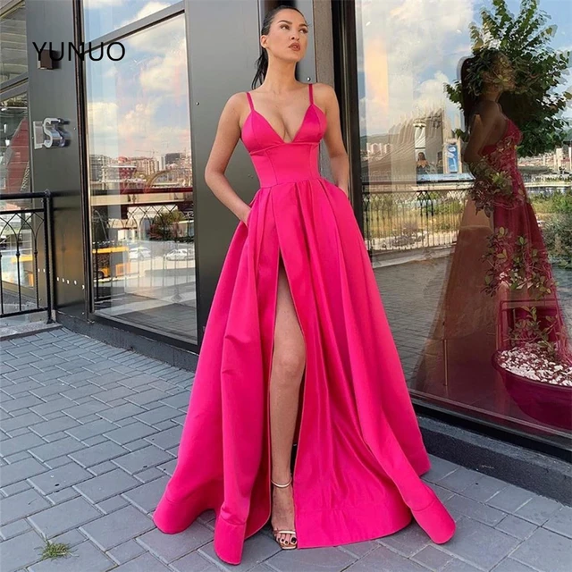 Buy POMUYOO Women's Spaghetti Straps Satin Prom Dresses Long Ball Gown Slit  A Line Formal Evening Dress with Pockets Online at desertcartINDIA