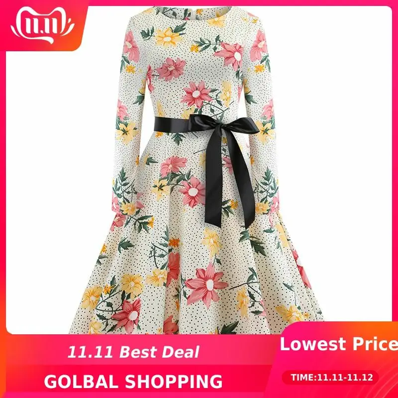 Женское винтажное платье с цветочным принтом осеннее большого размера длинным