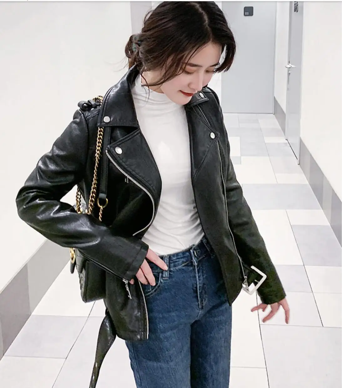 Осенне-зимняя кожаная куртка женская короткая черная мотоциклетная байкерская куртка из искусственной кожи Куртки с поясом на молнии пальто Блузон Cuir Femme