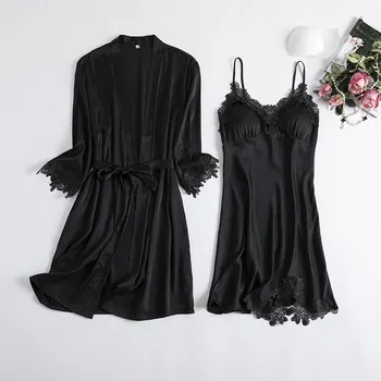 

Sexy Black Nighty&robe Set Female 2PCS Sleepwear Nightdress Casual Kimono Satin Bath Gown Wedding Robe Summer Loose Homewear XXL
