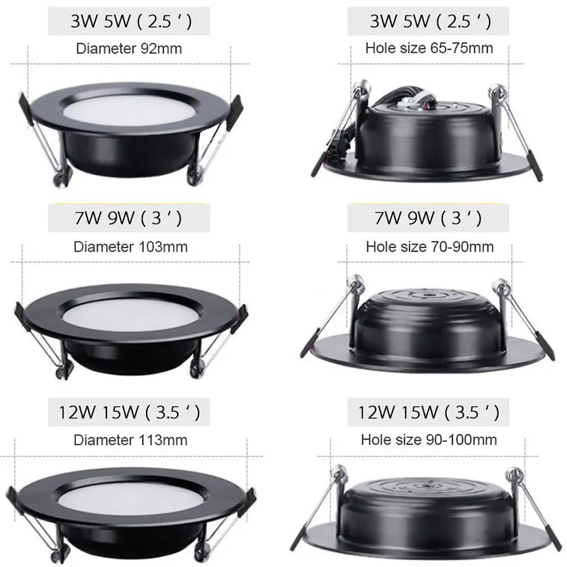 Led 통 램프 블랙 방수 3w 5w 7W 9W 12W 15W led 자리 220V 230V 천장 매립형 다운 라이트 라운드 led 패널 빛