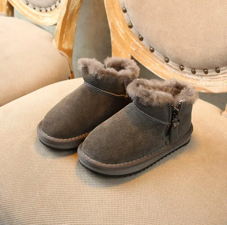 21-37 ботинки для малышей; зимние детские ботинки из натуральной кожи с натуральным мехом; ботильоны для мальчиков в простом стиле; ботинки для девочек из толстого плюша - Color: Gray