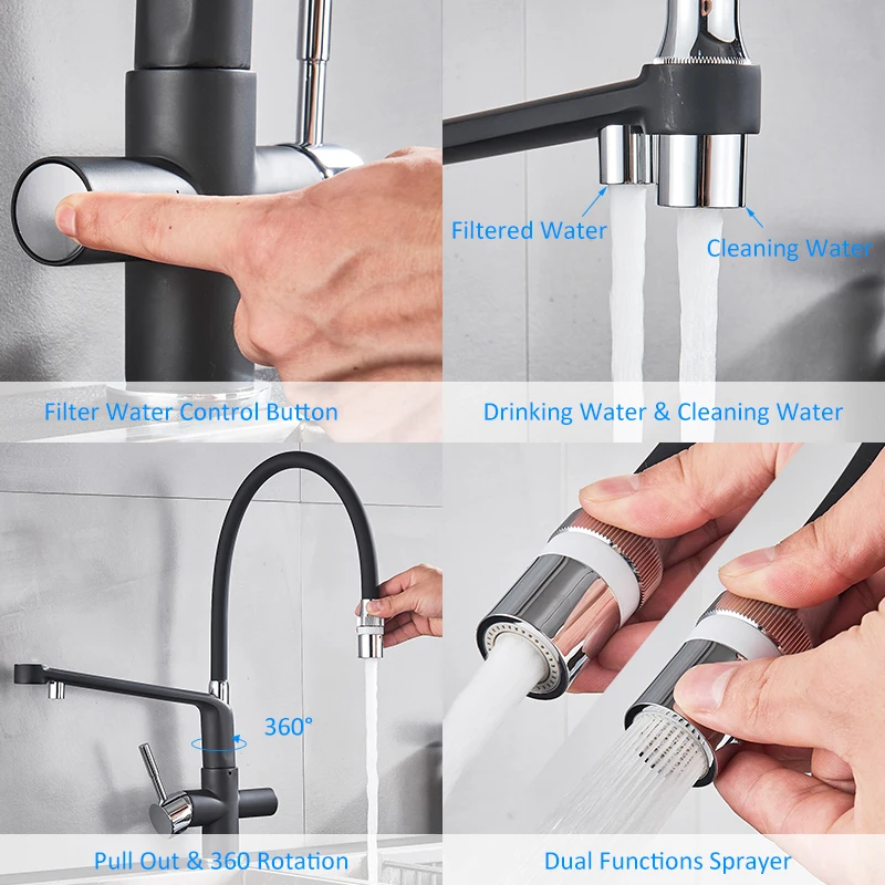  Quyanre Black White Filtered Kitchen Faucets Pull Out 360 Rotation Mixer Tap Pure Water Crane For K - 4000053117421