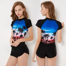 Women's Two Piece Half Zipper Short Sleeve Rash Guard UV Protection Printed Surfing Swimsuit Swimwear Bathing Suit