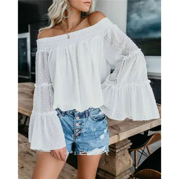 

Sexy Off Shoulder Chiffon Shirt Women Summer Casual Blouse Flare Sleeve Shirt Tops Slash Neck Fashion Top