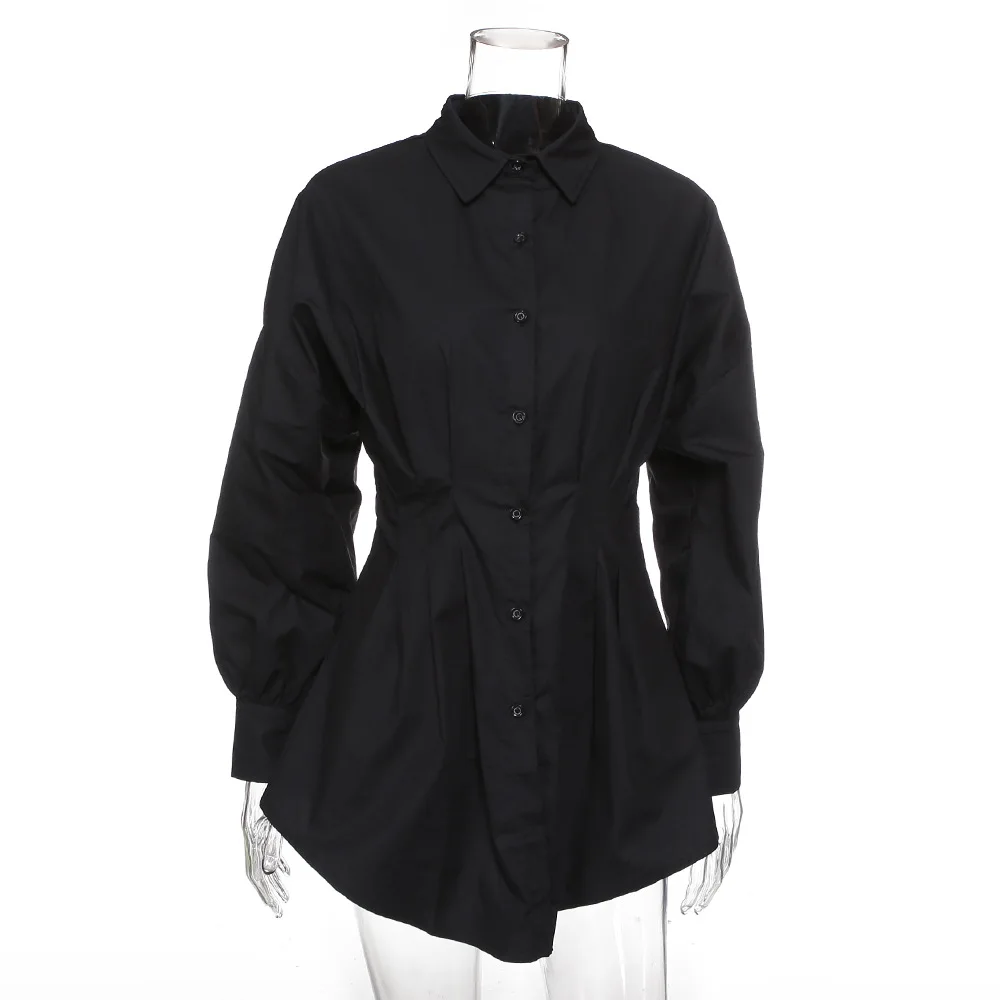 Black OOTN отложной воротник офисная рубашка платье дамы фонарь с длинным рукавом Элегантная плиссированная Туника белые женские платья осень - Цвет: Black