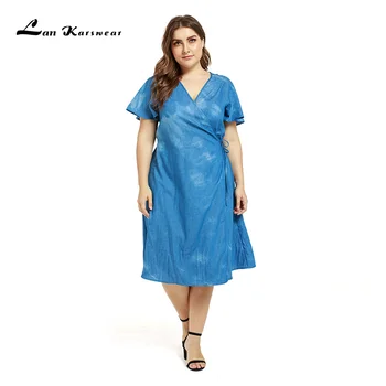 

Lan Karswear 2019 Summer Medium and long section clothes V-Neck for Women Plus Size Dress Loose and comfortable tie dyed denim