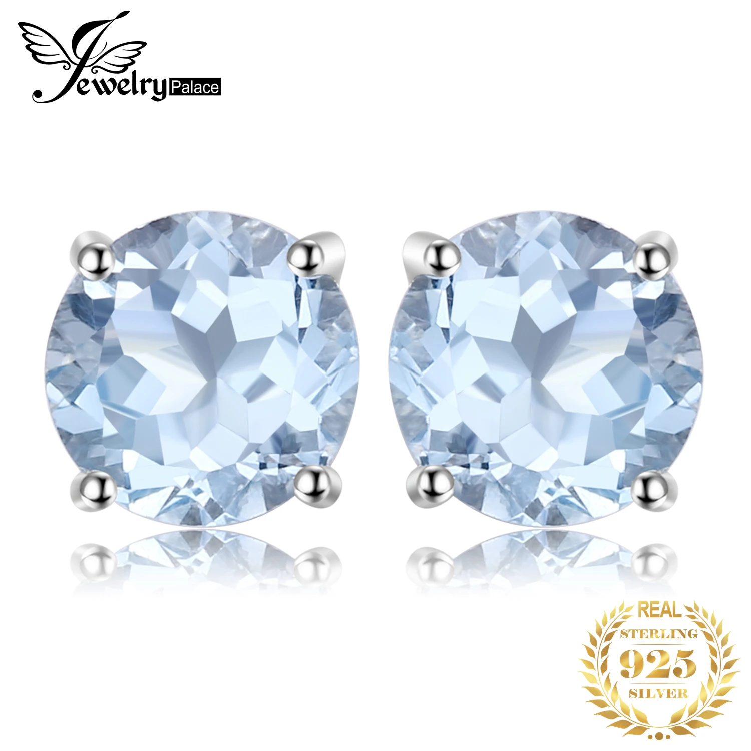 Jewelrypalace круглый 2ct Природный Голубой топаз камень Серьги гвоздики Solid
